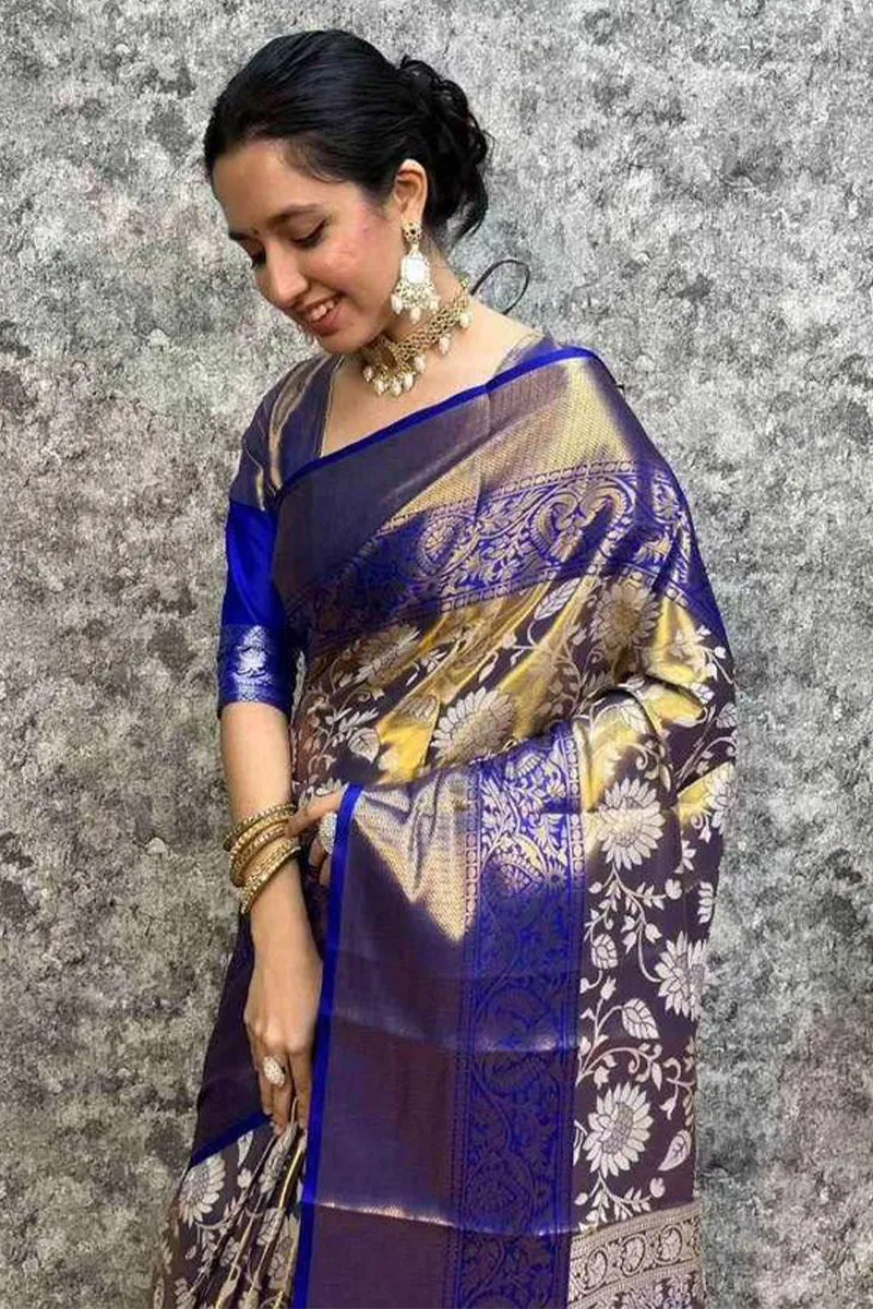 Gleaming Royal Blue Kanjivaram Silk Saree With Glamorous Blouse Piece