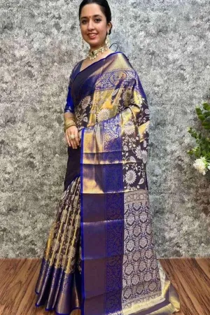 Gleaming Royal Blue Kanjivaram Silk Saree With Glamorous Blouse Piece