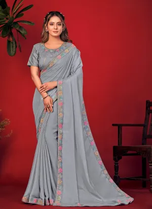 Grey Charvi Party Wear Saree with Fancy Embroidery Work