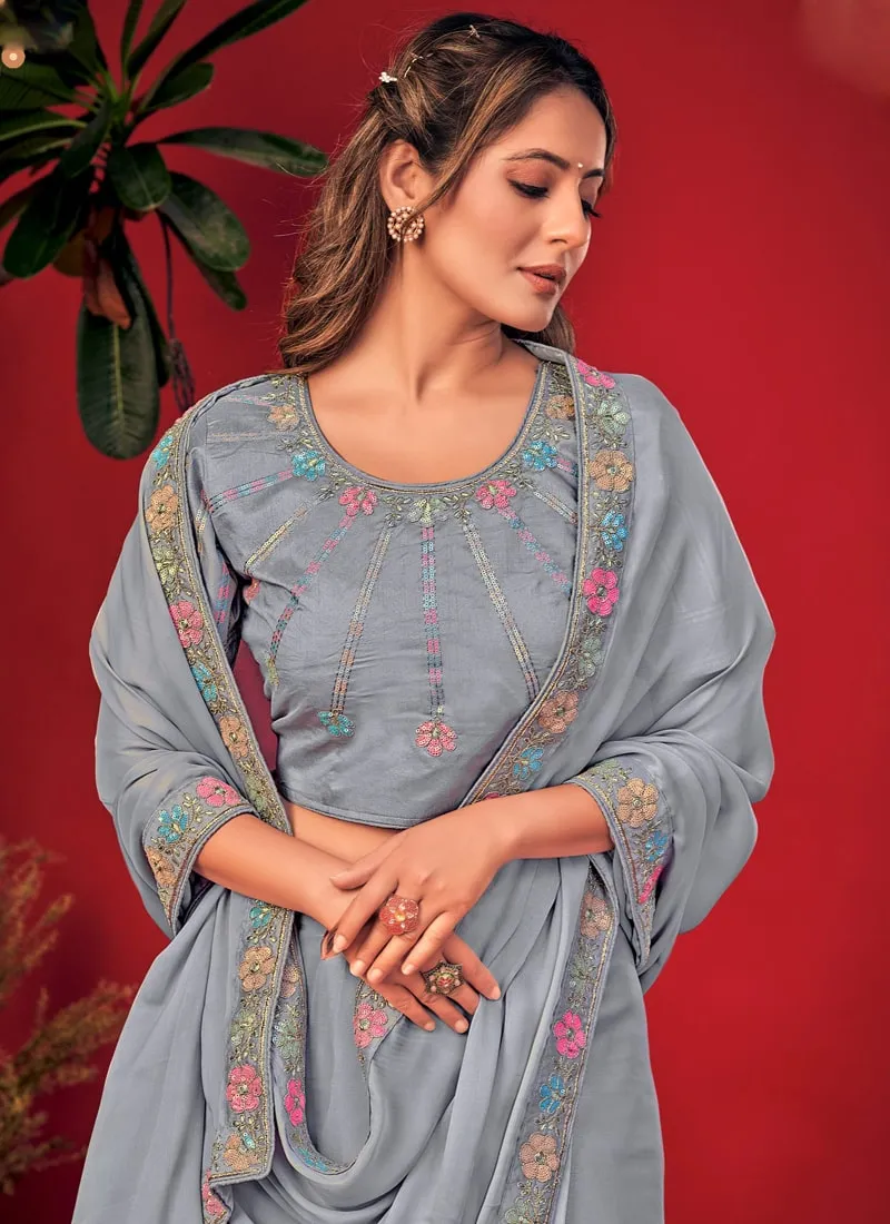 Grey Charvi Party Wear Saree with Fancy Embroidery Work