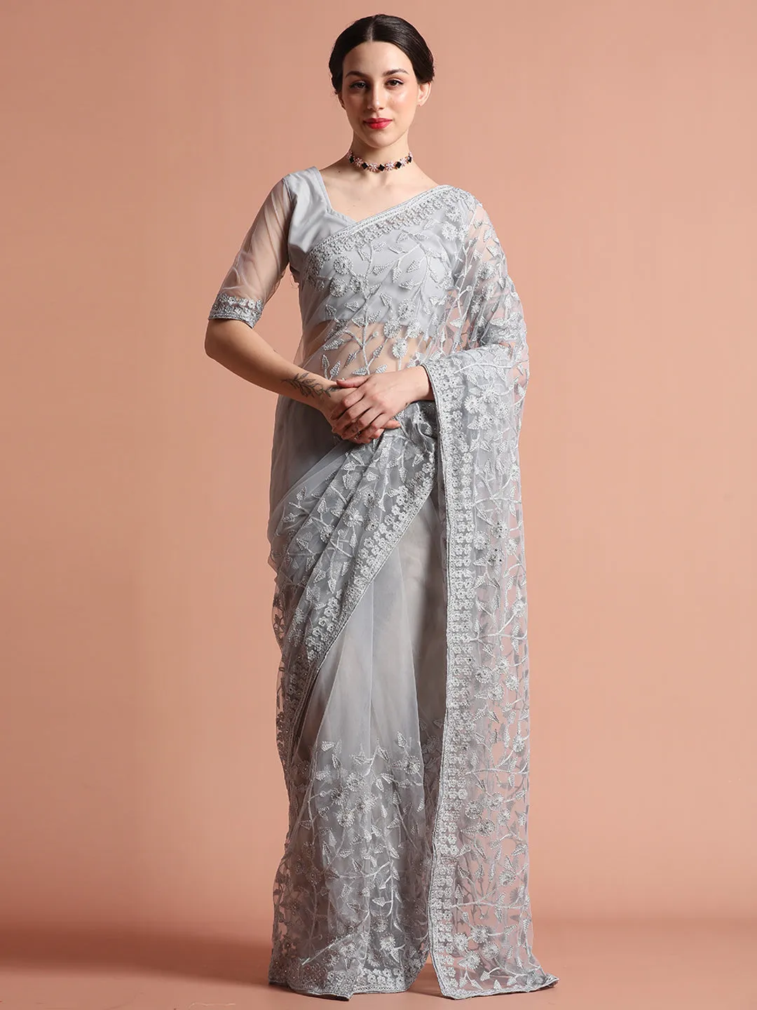 Grey Party Wear Floral Embroidered Net Saree