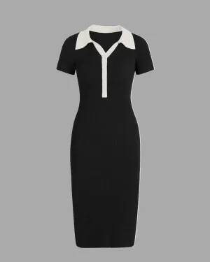Knit Contrast Collar Rib Polo Black Dress