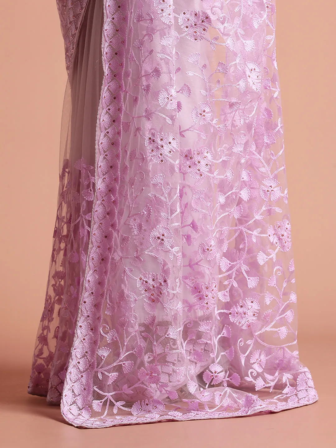 Lavender Party Wear Floral Embroidered Net Saree