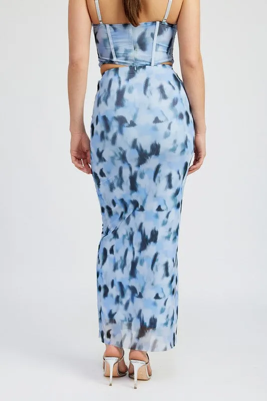 Mystic Blue Tie-Dye Mesh Maxi Skirt