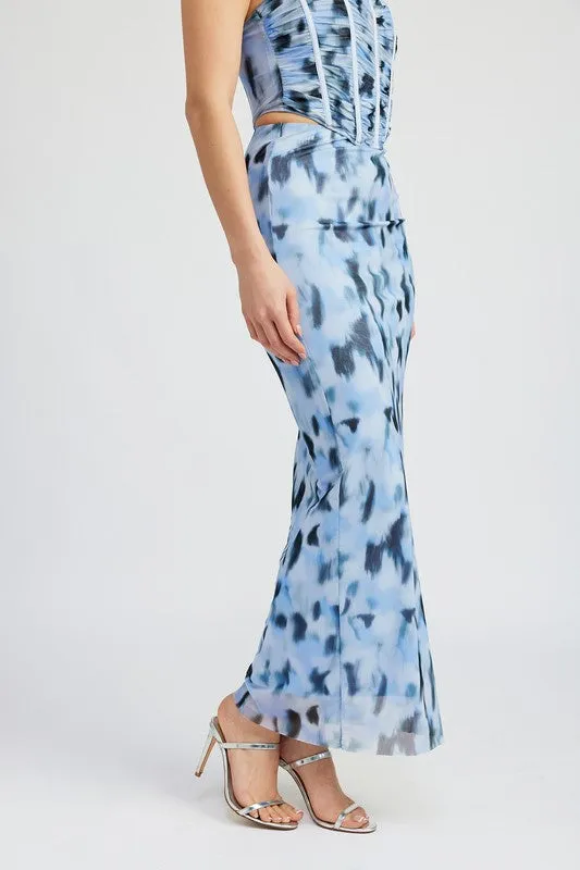 Mystic Blue Tie-Dye Mesh Maxi Skirt
