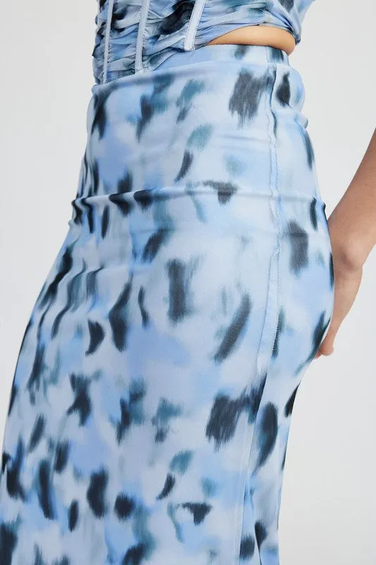Mystic Blue Tie-Dye Mesh Maxi Skirt