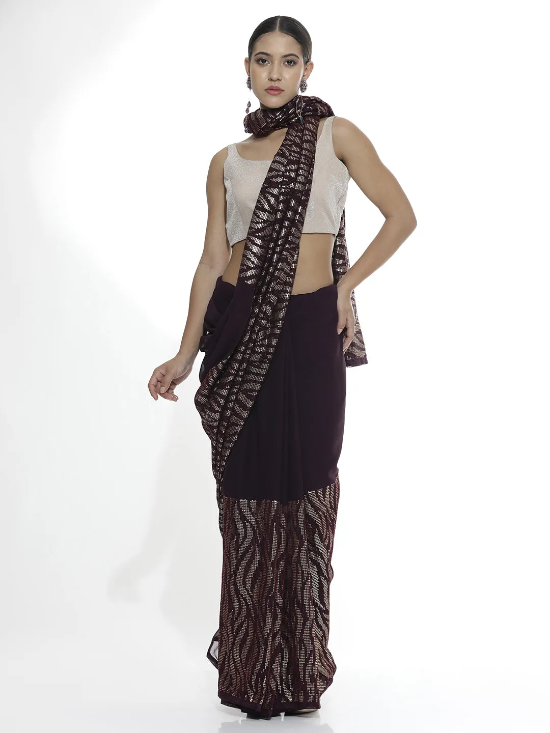 Pure Georgette Sequins Party Wear Wine Saree