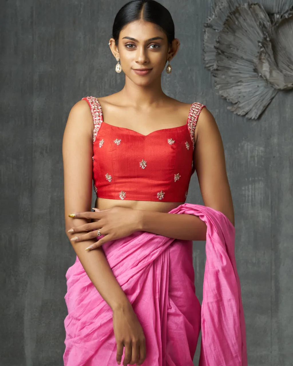 Red Raw Silk Blouse With Sweetheart Neckline
