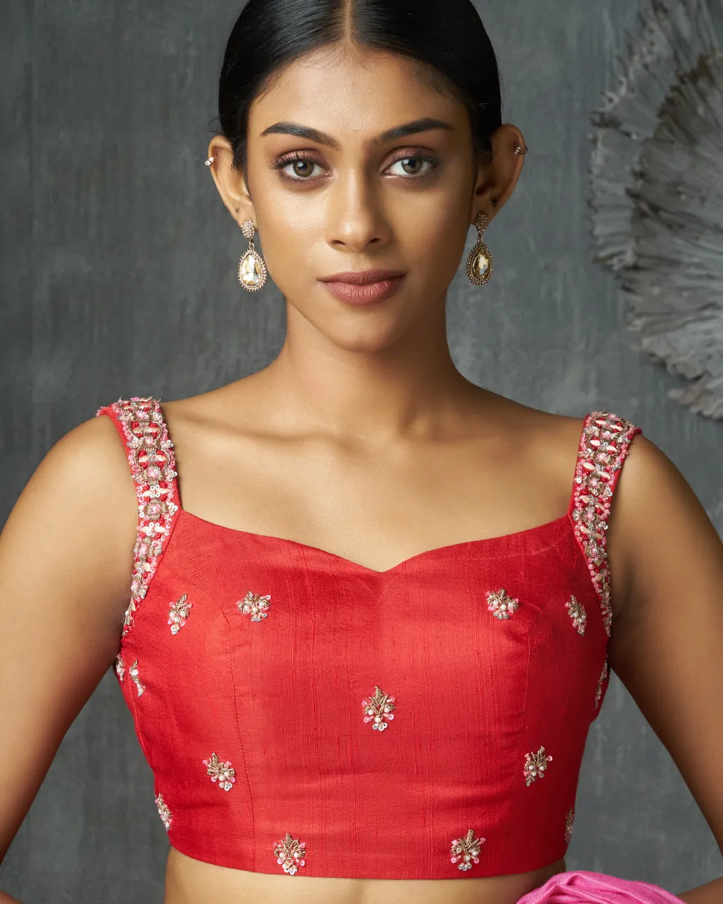 Red Raw Silk Blouse With Sweetheart Neckline