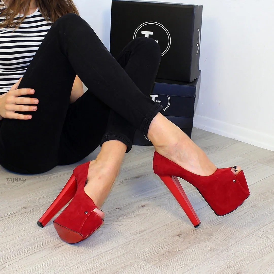 Red Suede Peep Toe High Heels