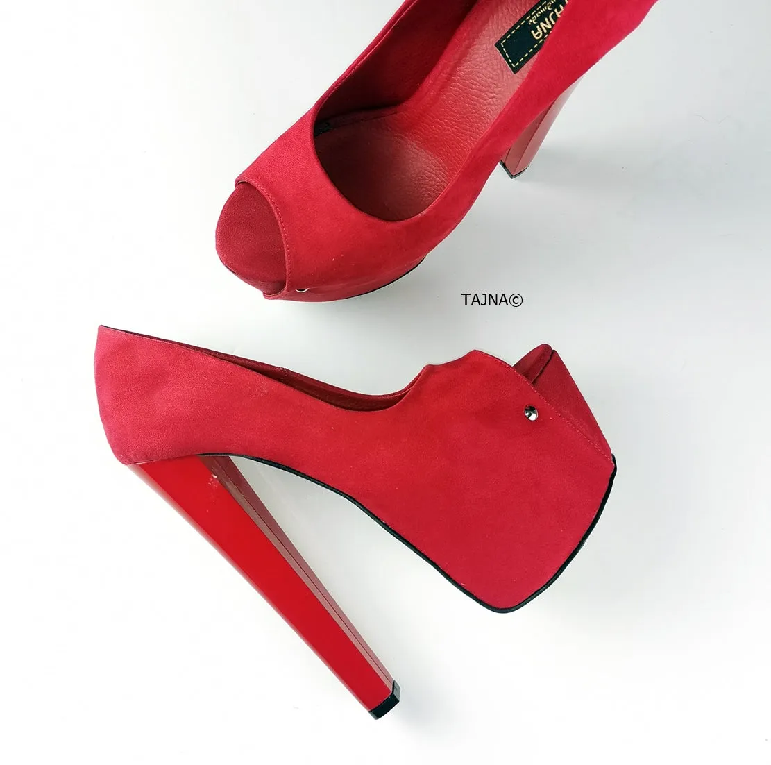 Red Suede Peep Toe High Heels