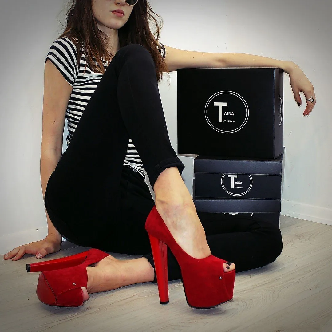 Red Suede Peep Toe High Heels