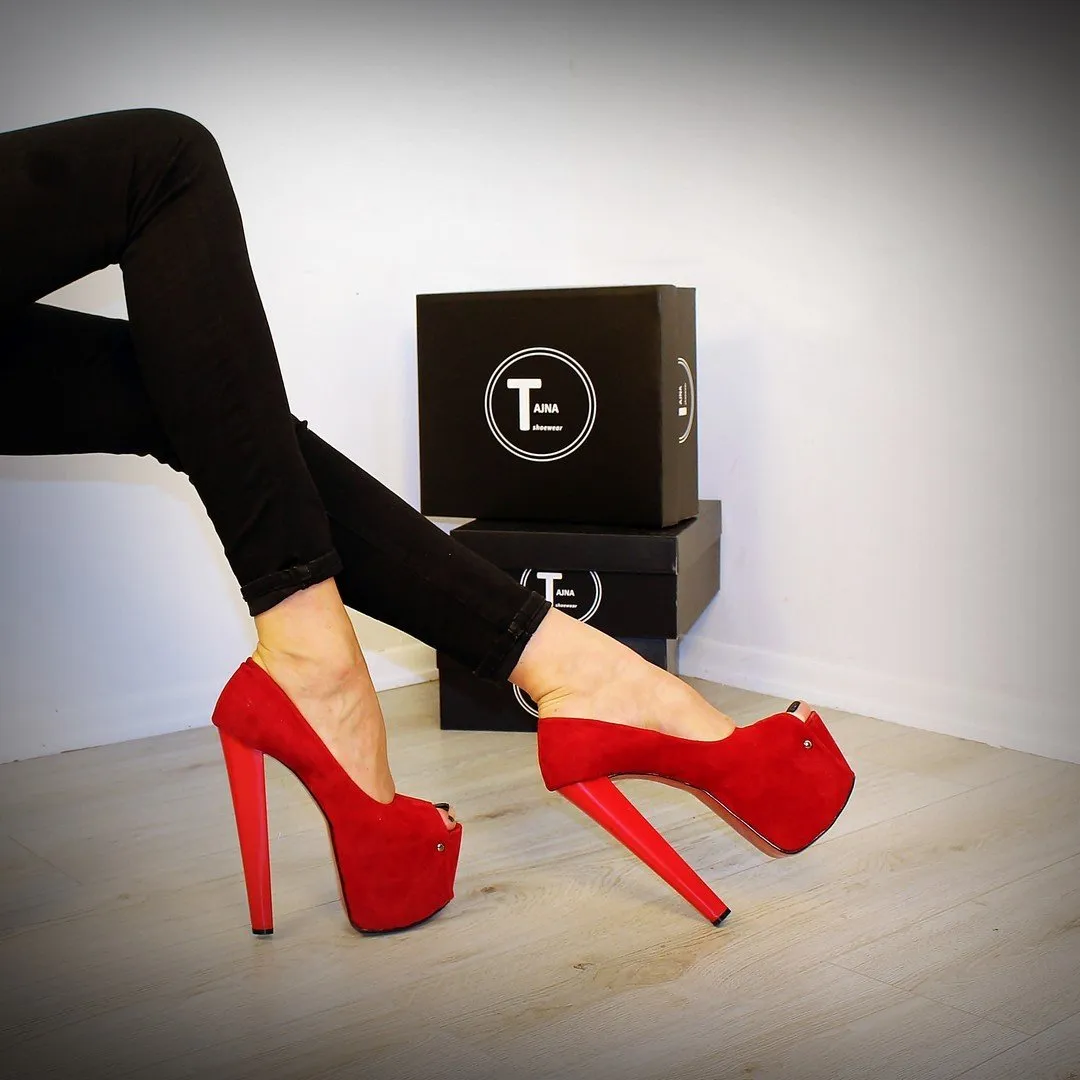 Red Suede Peep Toe High Heels