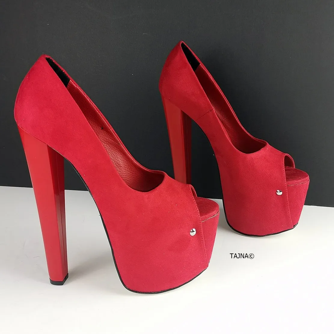 Red Suede Peep Toe High Heels