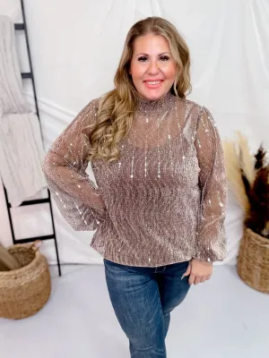 Rose Silver Sparkly Sequin Mesh Long Sleeve Blouse