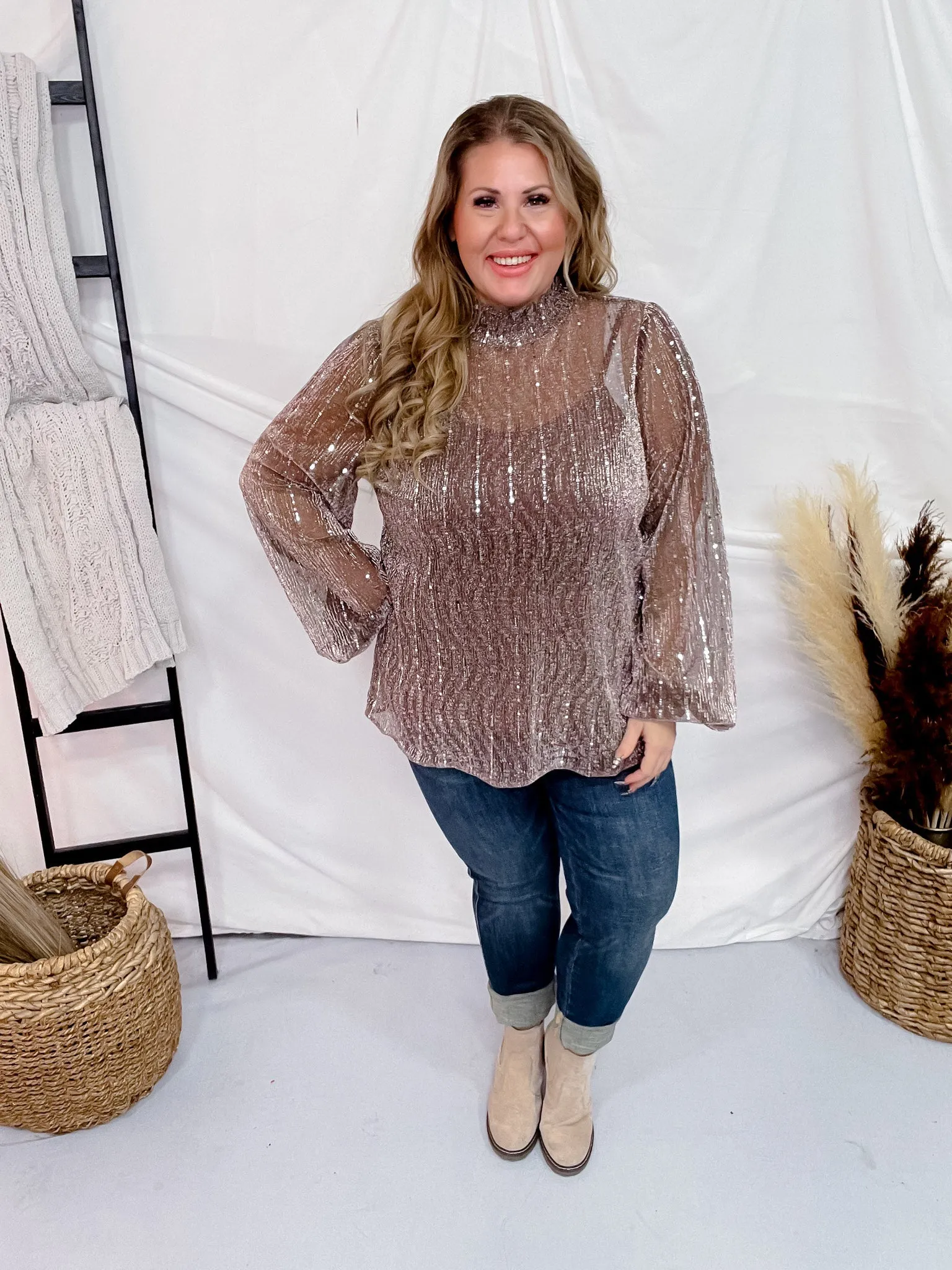 Rose Silver Sparkly Sequin Mesh Long Sleeve Blouse
