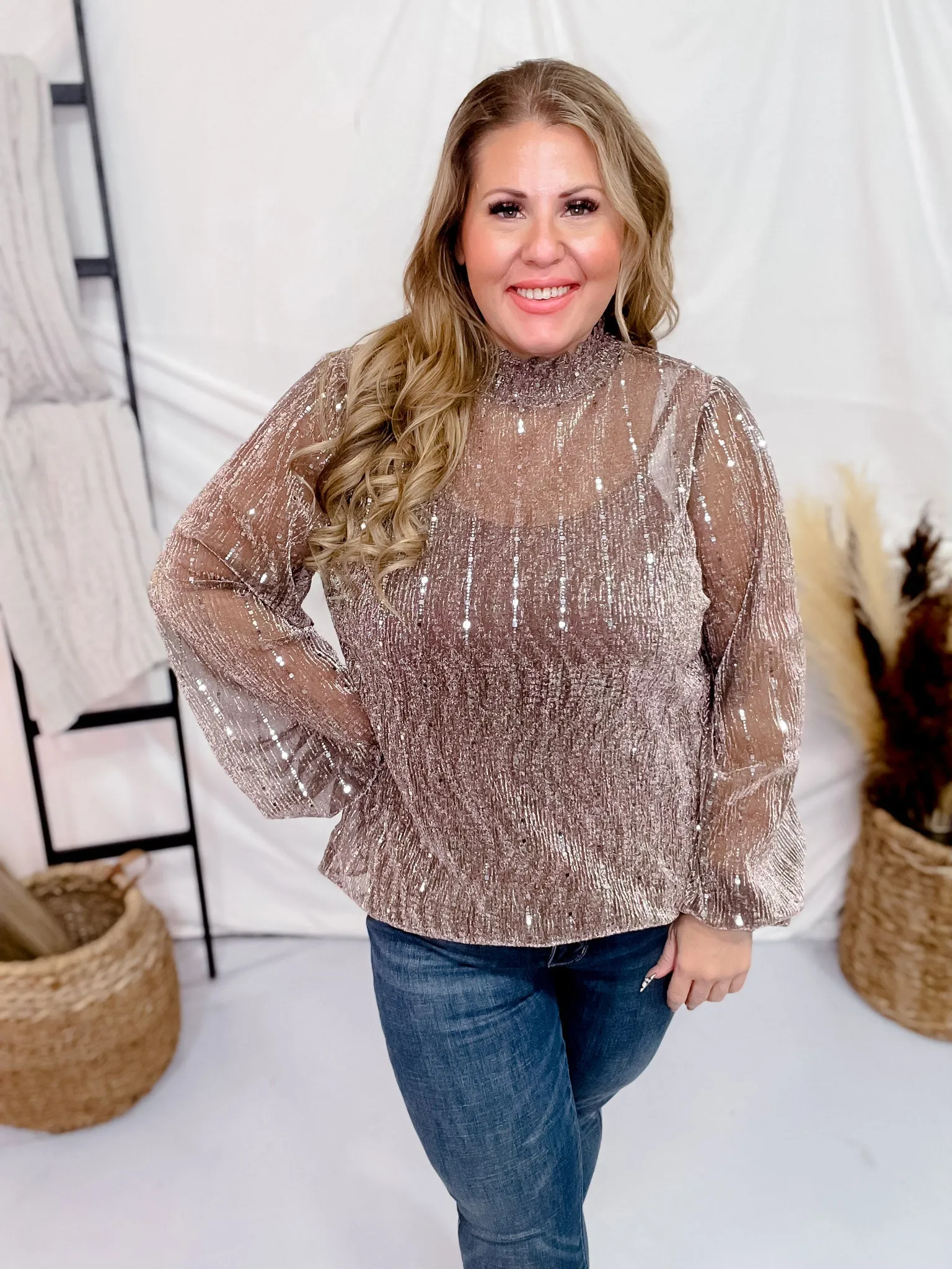 Rose Silver Sparkly Sequin Mesh Long Sleeve Blouse