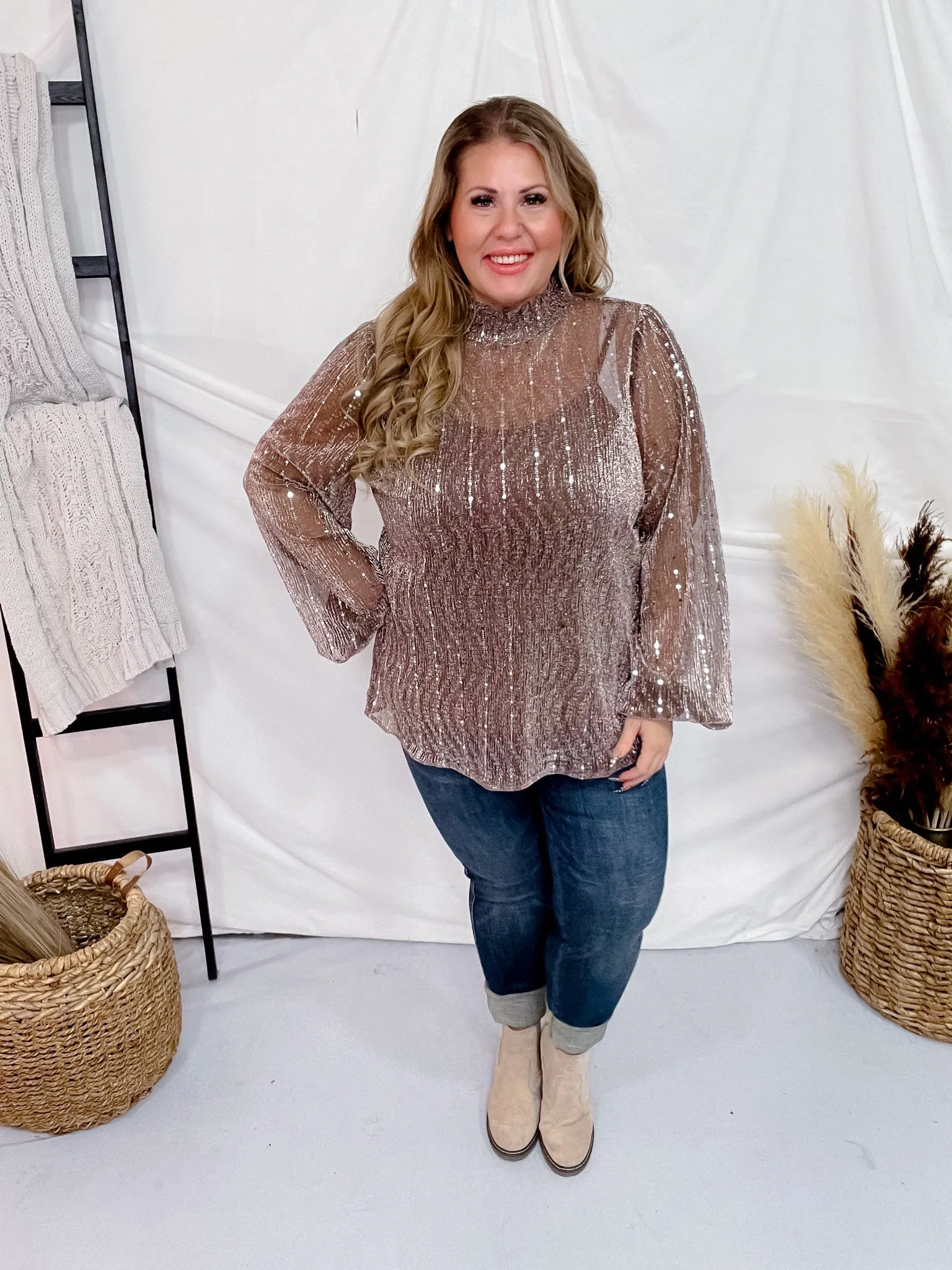 Rose Silver Sparkly Sequin Mesh Long Sleeve Blouse
