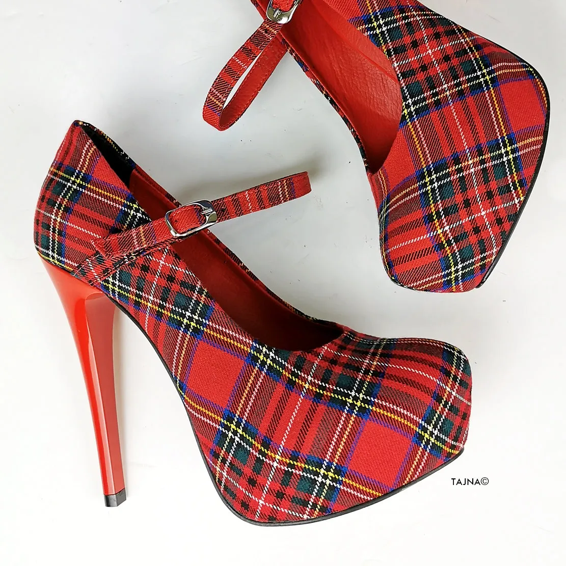 Tartan Red Mary Jane Heel Pumps