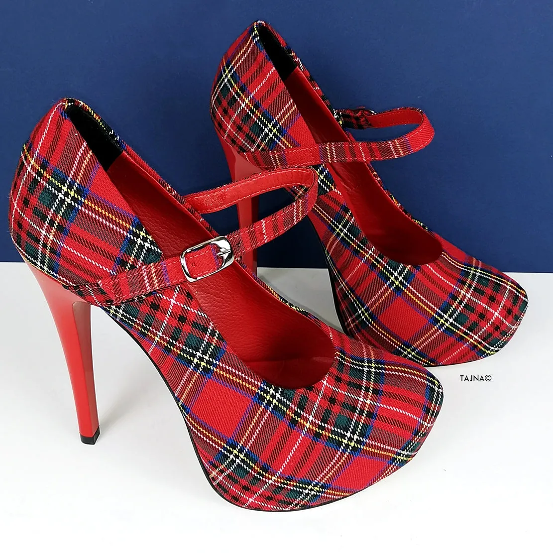 Tartan Red Mary Jane Heel Pumps